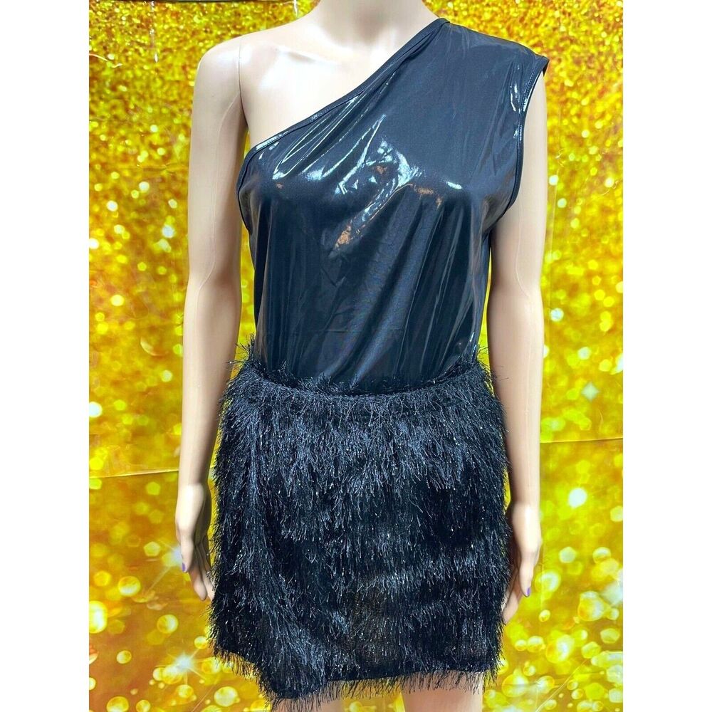 Womens XL Black Bodysuit Mini Skirt Feather 2PC Set Party Nightclub Whimsigoth